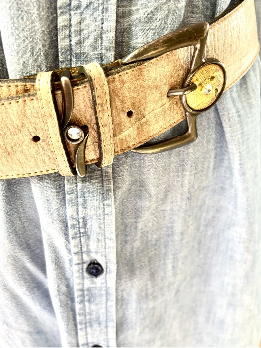 Neutral Beige Vintage ‘90s Kudos Leather Belt with Ornate Metal Buckle-Size 32